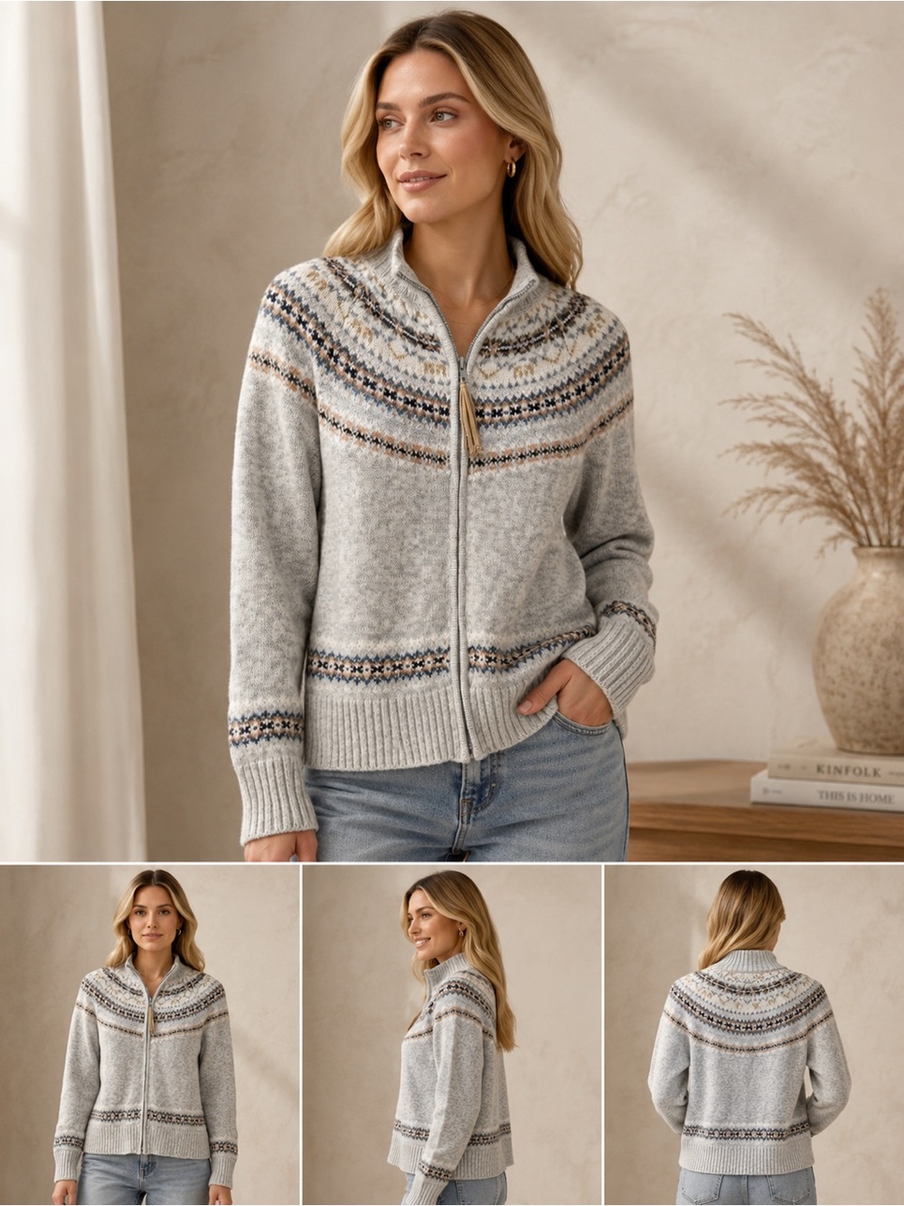 Light Gray Fair Isle Zip-Front Cardigan Sweater